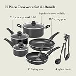 BELLA Cookware Set, 12 Piece Pots and Pans with Utensils, Nonstick PFOA Free Scratch Resistant Cooking Surface Compatible with All Stoves, Nylon and Aluminum, Black