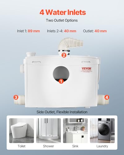 Image of VEVOR 1200W Macerator Pump, 48 GPM Flow, 33 ft /10 m Head, Macerator Sewerage Toilet Pump with 4 Water Inlets, Waste Water Disposal Upflush Machine for Toilet, Basement, Shower, Sink, Laundry, Bathtub