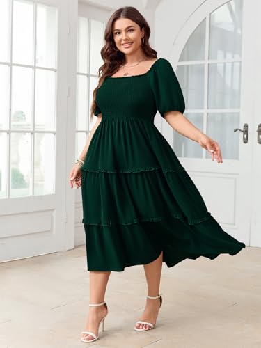 Image of Women's Plus Size Wedding Guest Dress Midi Smocked Square Neck Short Sleeve Tiered Ruffle Casual Dresses