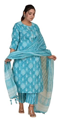 Ensemble Kurta Pantalon Pur Coton Femme Kurti Dupatta Vêtement Indien Bleu Ciel M