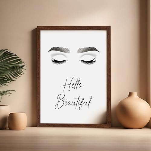 Image of Poster Master Fashion Poster - Hello Beautiful Print - Trendy Art - Modern Art - Minimal Art - Gift for Men, Women & Fashionista - Glam Decor for Dorm, Living Room or Bedroom, 16x20 Brown Framed