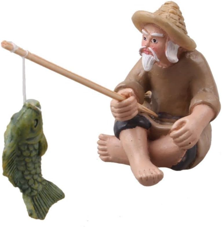 1 figura de pescador en miniatura, adorno de anciano de pesca, estatua de jardín sentado con lodo chino, estatuas al aire libre