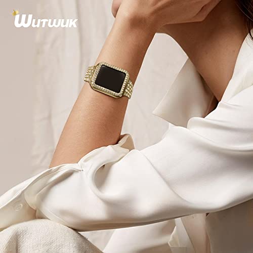 wutwuk Apple Watch 9 Strap 41 mm Gold Women's Compatible with Bracelet Apple Watch 9 8 7 41 mm Diamond Rhinestone Hard PC Protective Frame Ultra Thin Protective Case Women - Image 3