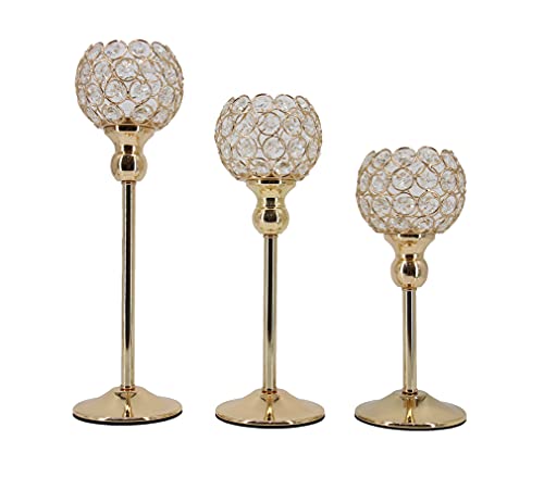 Crmeno Gold Crystal Candle Holder Candlestick Set Of 3 Indoor Decoration For Dating Wedding Party 9.8" 11.8" 13.8" #TOP1