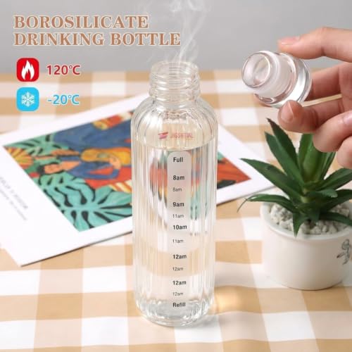 Image of Borosilicate Water Bottles, H2O Fridge Water Bottle with Cap, Leak proof & Airtight Lid, Water Bottle for Office, School, College - 500ml Bottles with Time Marker (Striped White)