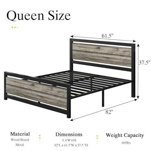 Image of Catrimown Queen Bed Frame with Headboard, Queen Metal Platform Bed Frame with Steel Slat Support, 10.5 in Storage Clearance, No Box Spring Needed, Easy Assembly, Wash Grey