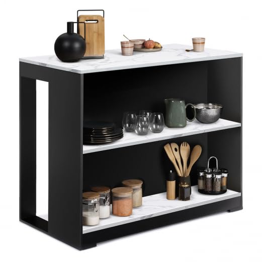 IDMarket – Mesa de bar isla Juno madera negra y bandeja efecto mármol blanco Alaska