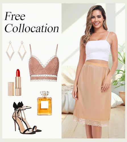 Image of Lovasy Women Satin Half Slips Lace Long Underskirt Anti Static Under Skirt Soft Slip Dress for Skirts Dresses S-3XL