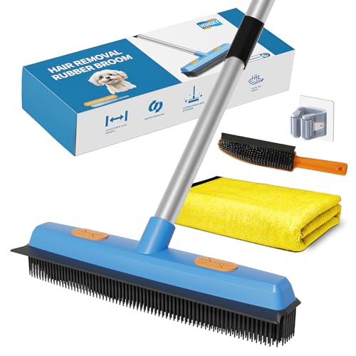 Rubber Brush Pet Hair Removal Broom with Squeegee,Rubber Broom with 149cm Multi-section Stainless Steel Handle for Pet Cat Dog Hair Removal Carpet Windows Clean, Window, Tile, Hardwood Floor Cleaning