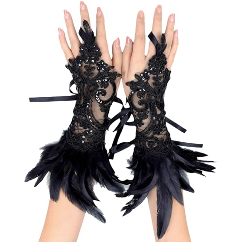 YOUYIKE Spitze Feder Handschuhe, Feder Manschetten, Maleficent Kostüm, Netzhandschuhe Karneval Kostüme, Dekorative Federärmel für Halloween,...