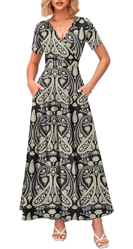Image of WNEEDU Women's Summer Maxi Dress Short Sleeves Wrap V Neck Long Dresses with Pockets
