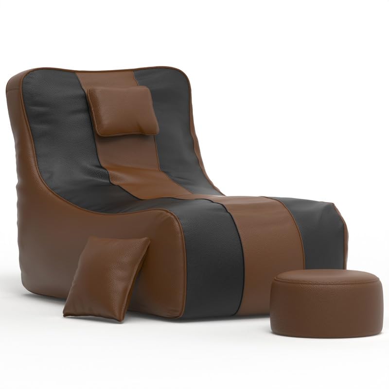 Image of Biggie Bean Bag with Beans Filled 6XL Zuno Lounger-Laziness Pro Max-Crafted for Comfort-Styled for Elegance with Free Cushion & Footrest (Matching Color : Leatherette Brown Black)