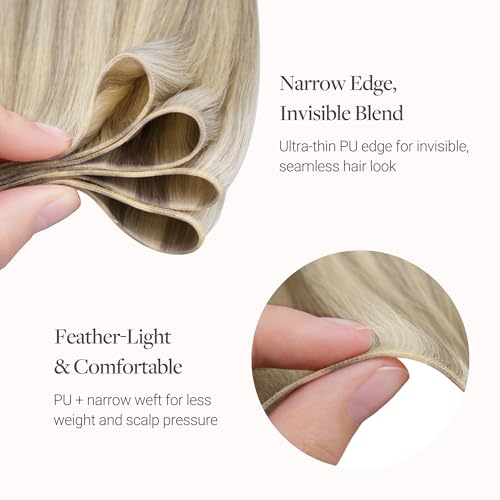 Image of GOO GOO Genius Narrow Edge PU Weft Hair Extensions Human Hair, Invisible Sew in Hair Extensions Human Hair, P17A /60A Ash Blonde Highlighted Platinum Blonde 18 Inch 100g, Seamless Soft Lightweight