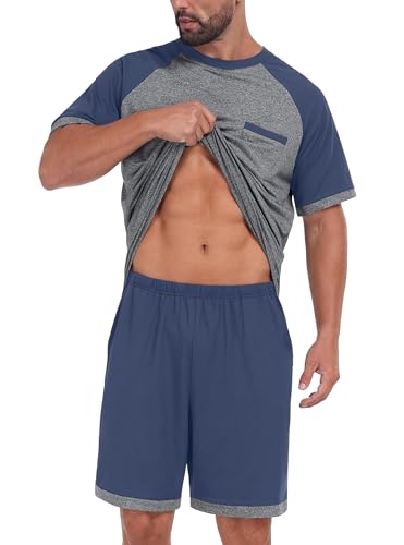 Image of Mens Pajamas Set Lightweight Summer Pjs Sleepwear Soft Comfy Short Sleeve Loungewear With Pocket (S-4X)