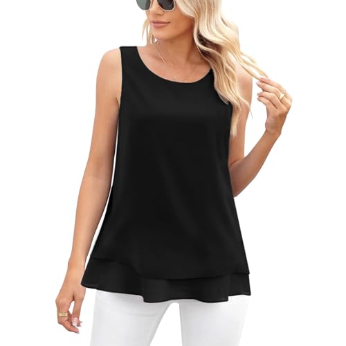 Zilams Tank Top Damen Chiffon Blusentop Elegant Ärmellose Sommer Oberteile Rundhals Tunika Loose Shirts Casual