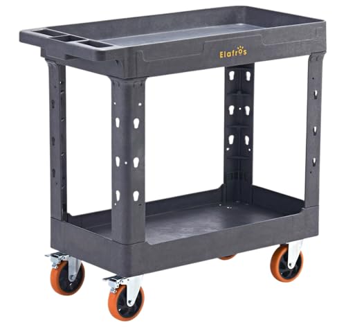 Image of ELAFROS 2-Tier Heavy Duty Utility Rolling Cart, 34 x 17 in, 5 inch Wheels, Gray