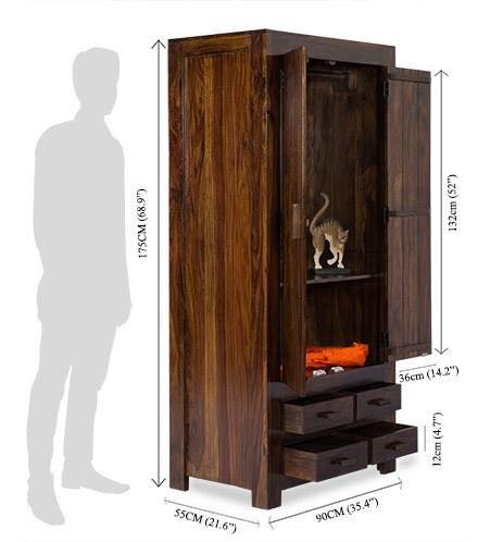 Image of Sheeham Solid Wood Almirah Cabinet Wardrobe with 4 Drawers & Double Doors for Beautiful Bedroom