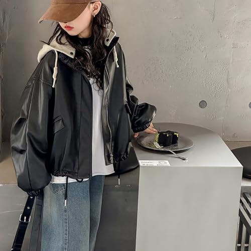 キッズ レザージャケット 黒 女の子 韓国 春秋 PU トップス フード付き