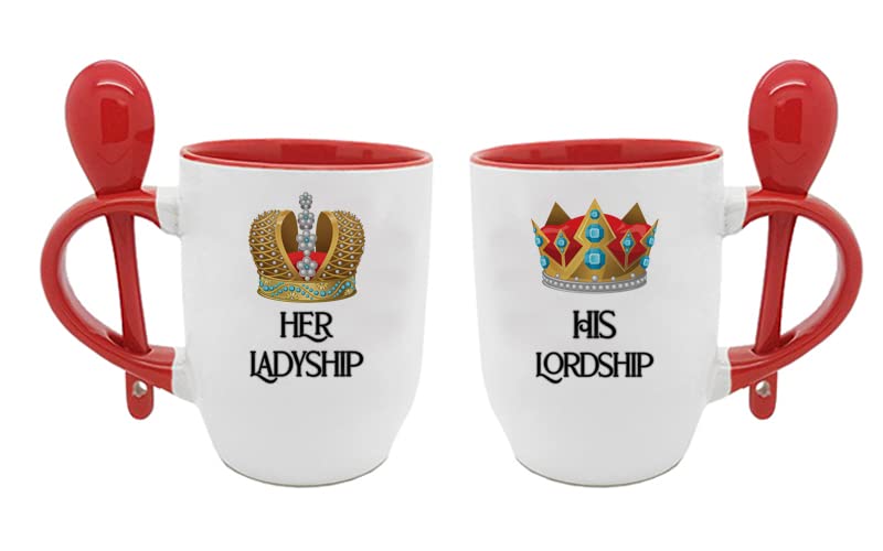Getagift His Lordship & Her Ladyship Set of 2 Mugs Coffee Tea Cocoa Soup Daily use Inside Coloured with Spoon Coffee Mug. (Red)
