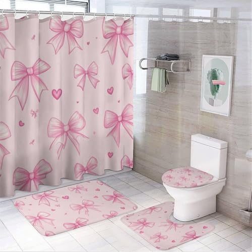 Set di 4 tende da doccia con graziosi cuoricini rosa, set da bagno moderni con tappeto per WC, tappetino da bagno e tappetino da bagno, arredo bagno di lusso con 12 ganci, 182,9 x 182,9 cm
