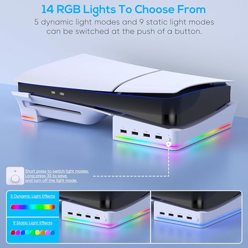 Image of New World RGB Horizontal Stand for PS5 Slim Console Accessories with 14 Light Mode and 4 USB Hubs, Side Stand for Playstation 5 Slim Disc & Digital, Base Holder with Fast Controller Charging