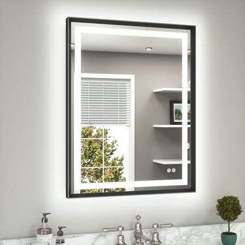 TETOTE 28 x 36 Bathroom LED Mirror Brushed Black Metal Frame Frontlit & Backlit Anti-Fog Stepless Dimmable 3 Colors White/Warm/Natural Mirror with Lights Wall-Mounted