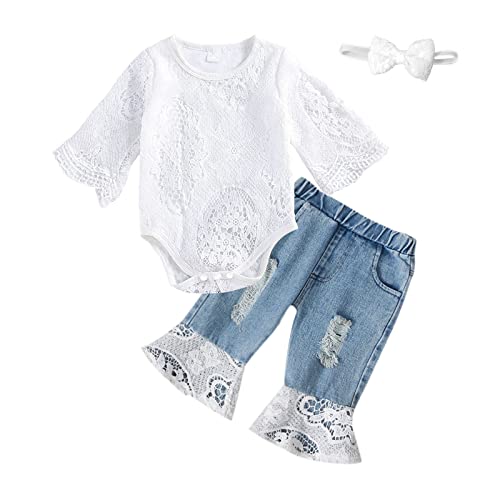 Image of koramesis Baby Girl Clothes Set Lace Ruffle Romper Flare Denim Jean Pants and Headband 3Pcs Set Newborn Infant Outfits Set