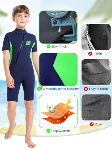 Summshall 2MM Traje de Neopreno para Niños Niñas, Térmico Traje de Baño Ultra Elástico Cálido Traje de Buceo Delantera Cremallera Kids Shorty Wetsuit para Hacer Snorkel Buceo Natación Surf - imagen 2