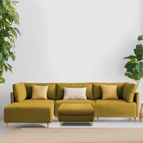 Image of Carina LHS 4 Seater L Shape Sofa Set with Center Table for Living Room (Yellow Fabric) Premium Fabric Sofa