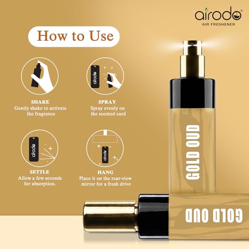 Image of Airodo Gold Oud Air Freshener Spray With Hanging Card |200 + Sprays, Long Lasting | Luxury Air Freshener For Air Interior| Air perfume (30ml,Pack of 1)