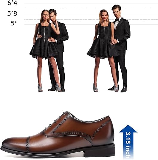 Image of CHAMARIPA Men's Height Increasing Shoes Elevator Dress Shoes Genuine Leather Formal Oxford Shoes that Make You 8CM / 3.15 Inches Taller - Brown