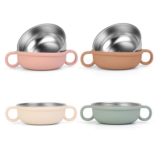 Image of OFFKITSLY Stainless Steel Baby Bowls, 4 Pack Non-Toxic Kids Toddler Bowls with Removable Silicone Sleeve&Handle,Unbreakable Kids Bowl for Snack,Cereal,Babies Food