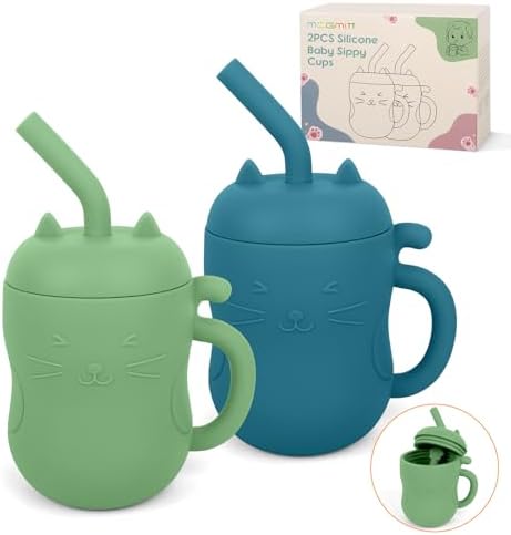 MCGMITT Trinklernbecher aus Silikon für 6-12 Monate Kleinkinder, 2in1 Sippy Cup mit Strohhalm offene Becher, Kleine Trainings Trinkflasche für Babys und Kleinkinder Set mit 2 Train
