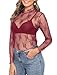 Askyes Womens Long Sleeve Sheer Mesh Top with Mock Neck Lace Floral See Through Sexy Y2k Style Blouses Wine Red L