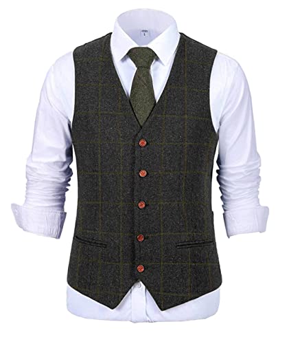 Men's Vest Plaid Soft Wool Brown Jacket Casual Gentleman Tweed Business Waistcoat for Groosmen Best Man for Wedding3