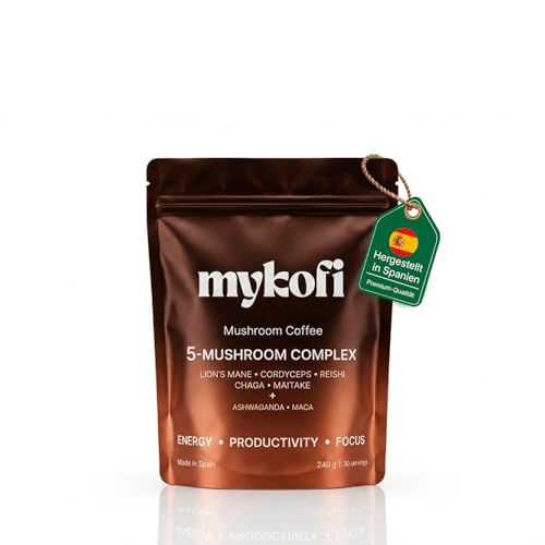 MYKOFI Pilzkaffee mit Löwenmähne (Lions Mane) Cordyceps Reishi Chaga Maitake Ashwagandha und Maca Mushroom Coffee für Fokus und bewusste Energie 240 g 30 Portionen