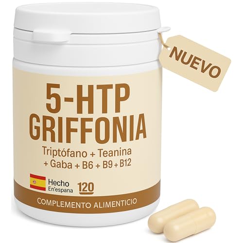 DIETÉTICA EUROPEA - 5htp con triptofano y Gaba - 120 cápsulas con 200mg de griffonia - Mejora el estado de ánimo si perturbar el sueño gracias al triptofano y teanina - serotonina natural