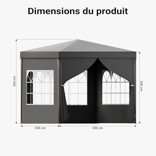 Toboli Pavillon 3 x 3 m en gris avec protection UV 50+, gazebo de jardin avec côtés amovibles, tente de réception avec fenêtres pour terrasse et festival, par exemple – Image 4