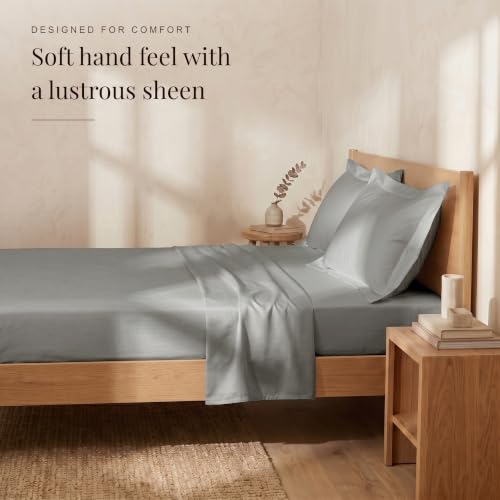 Image of Huesland 300 TC Premium 100% Pure Cotton Luxe Soft Touch Fitted Single Size Bedsheet Cotton with 2 Pillow Covers | Steel Grey | 36 x 78 Inches