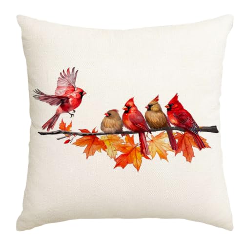 Image of Fall Pillow Covers 18x18 Inch Cardinal Birds Home Decor | Cardinal Birds Maple Leaves, Decorative Autumn Thanksgiving Harvest, Lumbar Cushion Case, For Home Sofa Couch