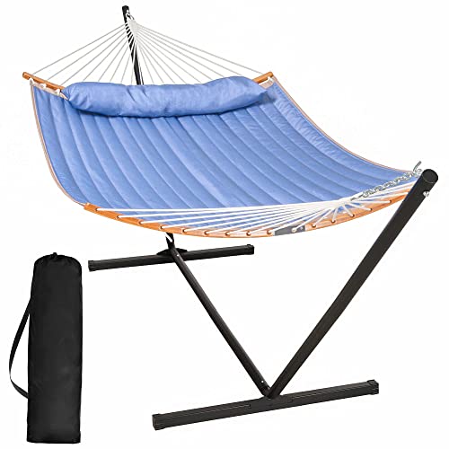SUNCREAT Hammocks Portable Hammock with Stand, 2 Person Hammock with Strong Spreader Bar, 450lbs Capacity, Blue