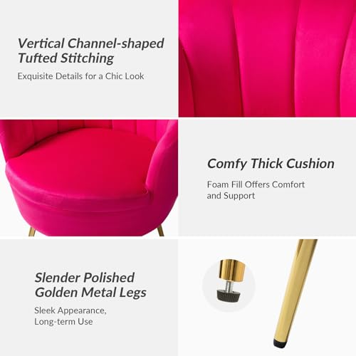 Image of HULALA HOME Modern Velvet Accent Chair with Shell Shaped Back, Cute Living Room Bedroom Armchair Sofa Chair with Gold Legs, Comfy Upholstered Vanity Chair for Makeup Room, Fushia