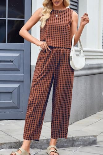 Women's 2 Piece Lounge Outfits Plaid Sleeveless Tank Tops Pullover High Waist Wide Leg Barrel Pants Tracksuits4