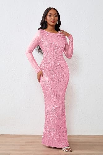 Image of VERWIN Women's Sequins Bodycon Round Neck Long Sleeve Sparkly Mermaid Maxi Dress for Casual Party Cocktail
