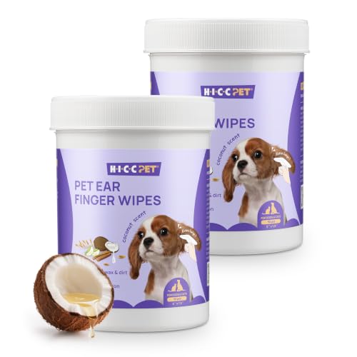Image of HICC PET Ear Cleaner Finger Wipes for Dogs & Cats, Coconut Scent, 100 Count | Removes Ear Dander, Dirt & Debris for Fresher Ears, Gentle Extra-Large Finger Wipes for Daily Ear Cleaning