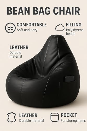 Bean Bag Chair | Ergonomic Gaming Seat, Premium Leatherette, Washable Cover, Durable Double Stitching | Perfect for Lounge & Bedroom Side Mobile Pocket Cover Only No Bean Filler (Black, XXXL) - Image 4