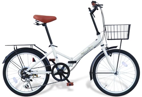 AIJYU CYCLE 折りたたみ自転車 20インチ AJ-08C シマノ6段ギア 荷台付き カゴ ワイヤー錠&フロントLEDライト プレゼント 街乗り (ホワイト(荷台付き)