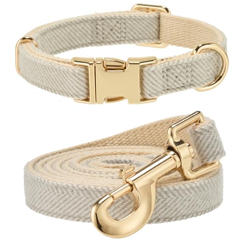 YUDOTE Hundehalsband und Leine Set Mittel, Weiche Reizfreie natürlicher Baumwolle mit Twillgewebe für Hund mit empfindlicher Haut, Grau