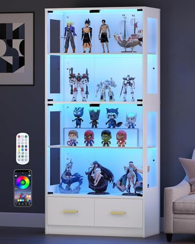 Image of Lamtor Display Cabinet with Glass Doors - 67 inch Curio Cabinet for Collectibles with RGB LED Lights and 2 Drawers, 4 Tier Glass Display Case for Living Room, Office, White