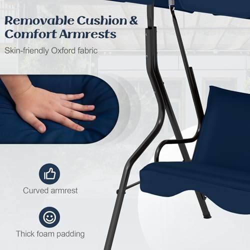 Image of Tangkula 3 Person Porch Swing, Patio with Removable Cushion & Powder-Coated Steel Frame, Outdoor Swing with Canopy for Porch, Backyard, Garden, Balcony(Navy)